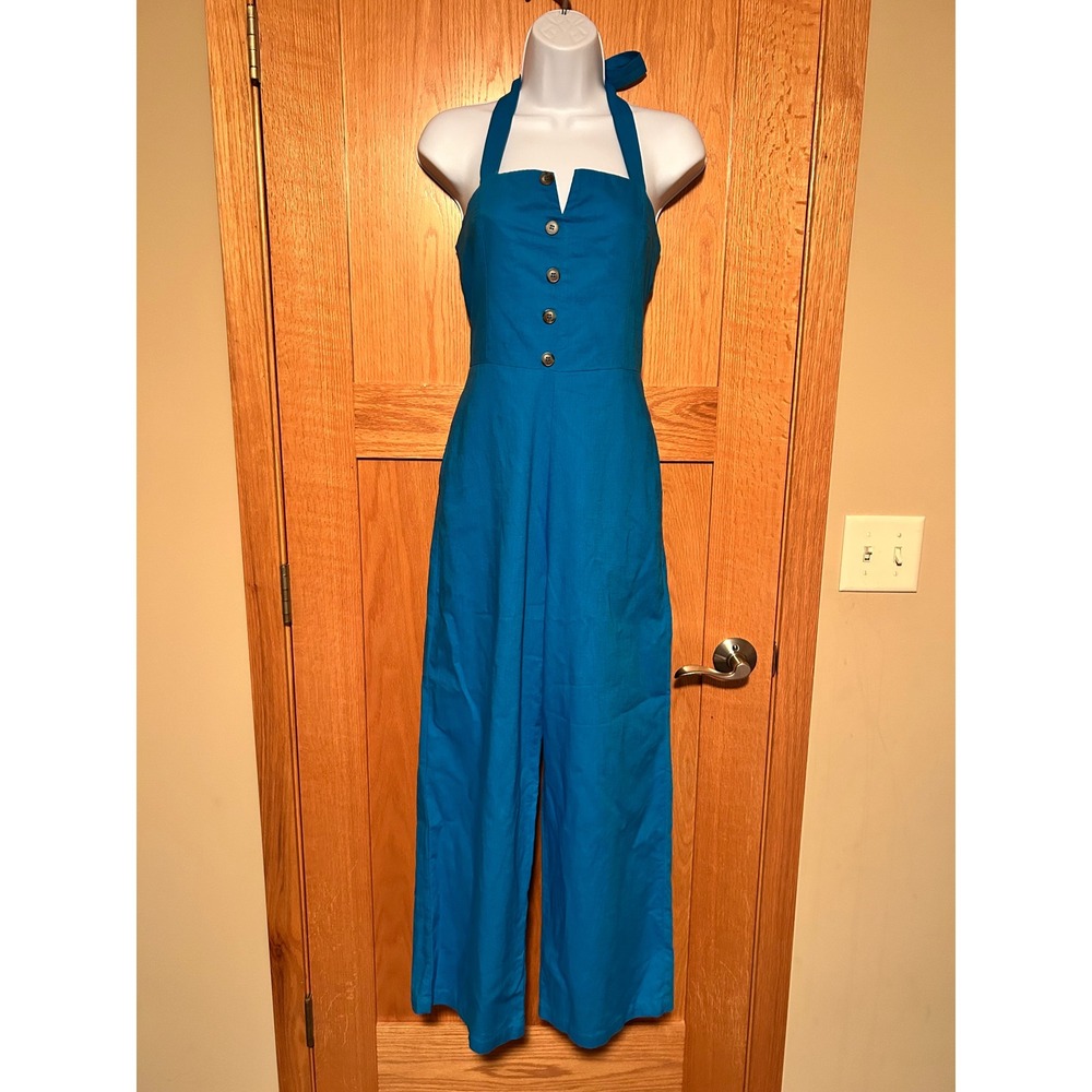 Gilli Teal Blue Women's Cotton Linen Halter Wide Leg Button Jumpsuit Size Large
